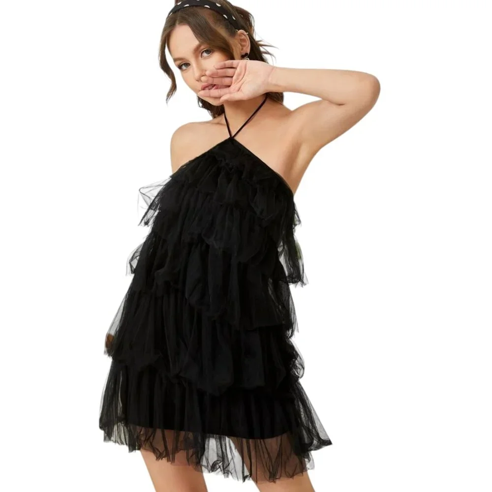 Altar'd State Tiered Tulle Halter Mini Dress, NWT, Black, S